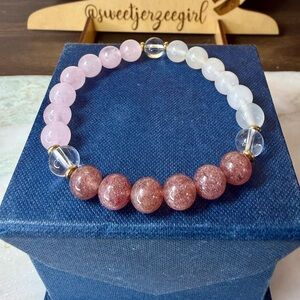 Strawberry Rose Clear Quartz Moonstone Gemstone Bead Bracelet